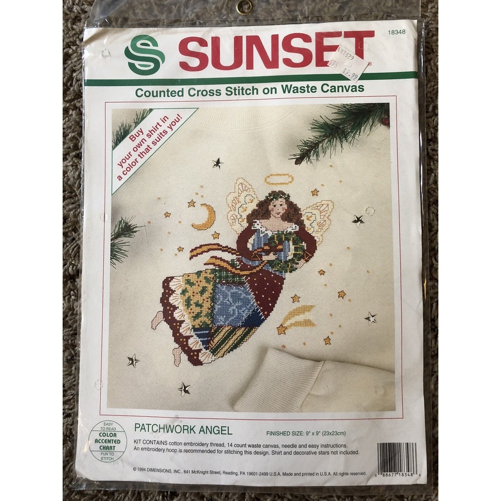 Sunset Patchwork Angel Counted Cross Stitch Waste Canvas Kit #18348 1994 Sealed
